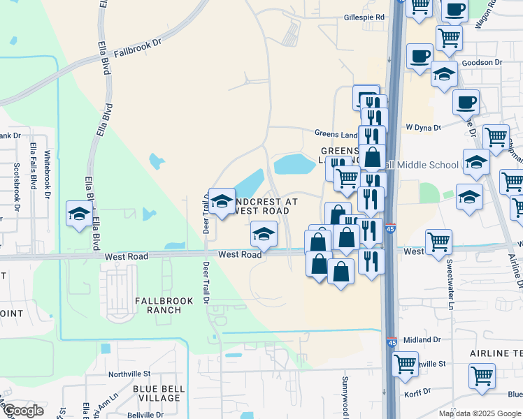 map of restaurants, bars, coffee shops, grocery stores, and more near 10 Greens Crossing Boulevard in Houston