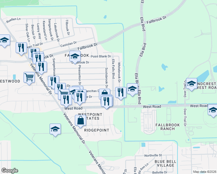 map of restaurants, bars, coffee shops, grocery stores, and more near 10163 Ella Falls Boulevard in Houston