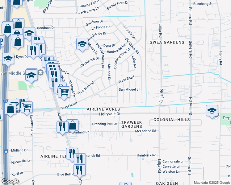 map of restaurants, bars, coffee shops, grocery stores, and more near 14843 Dogwood Tree Street in Houston