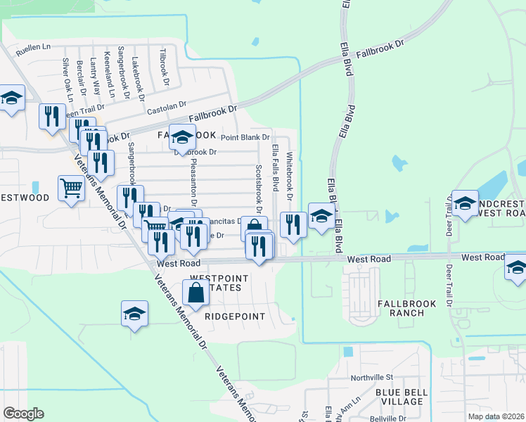 map of restaurants, bars, coffee shops, grocery stores, and more near 10163 Ella Falls Boulevard in Houston