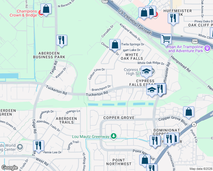 map of restaurants, bars, coffee shops, grocery stores, and more near 21307 Drifting Oaks Drive in Houston