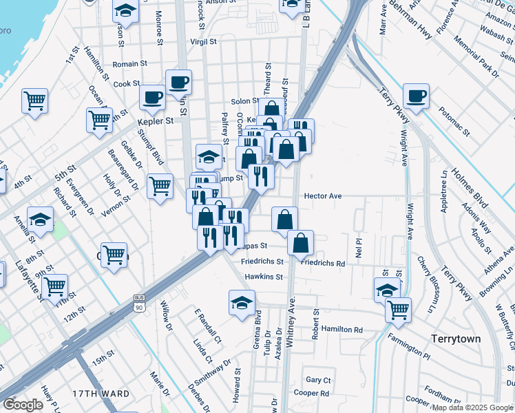 map of restaurants, bars, coffee shops, grocery stores, and more near 32 Westbank Expressway in Gretna