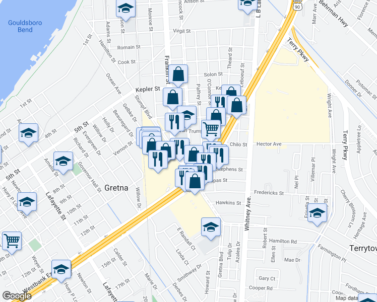 map of restaurants, bars, coffee shops, grocery stores, and more near 2101 Hancock Street in Gretna