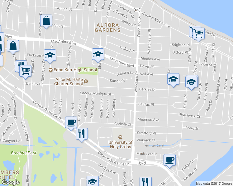 map of restaurants, bars, coffee shops, grocery stores, and more near 5650 Lacour Monique Street in New Orleans