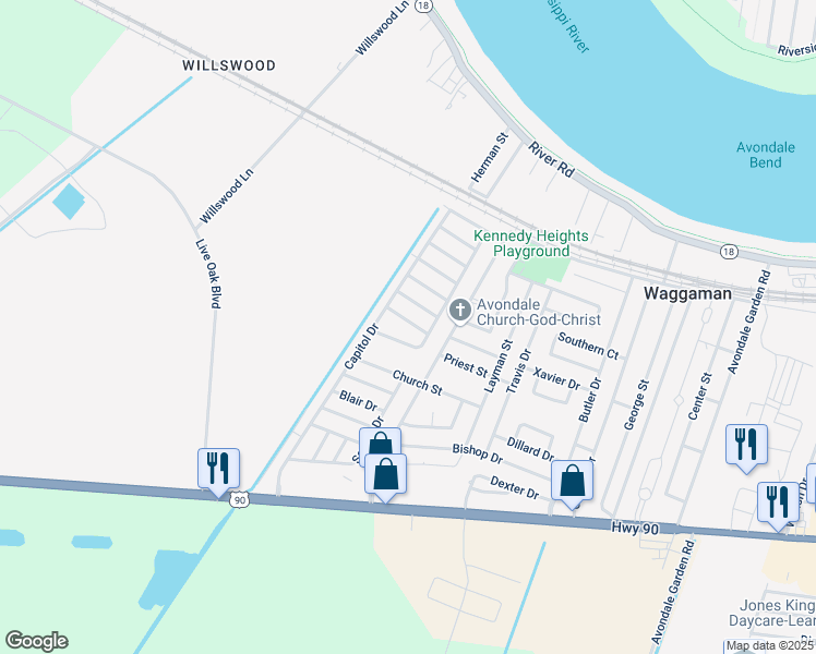 map of restaurants, bars, coffee shops, grocery stores, and more near 313 Georgetown Drive in Westwego