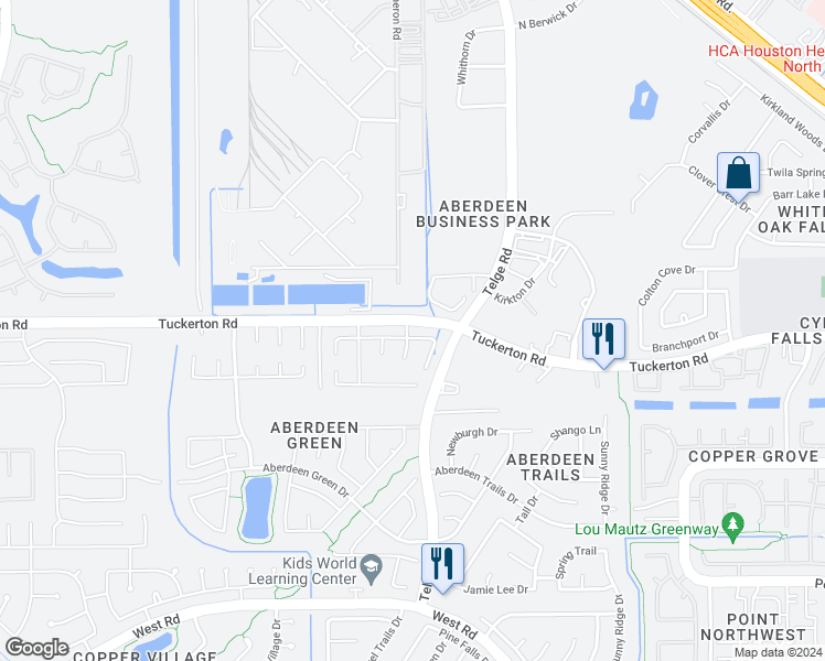 map of restaurants, bars, coffee shops, grocery stores, and more near 16030 Coleburn Drive in Houston