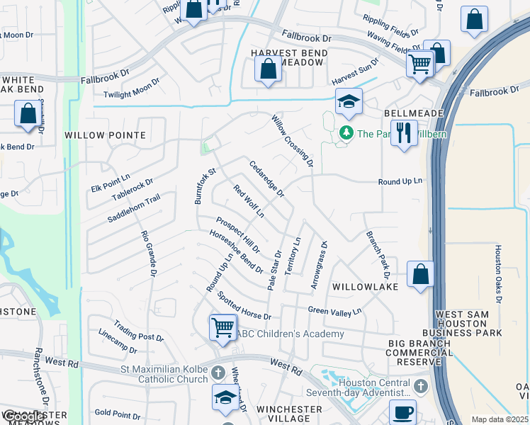 map of restaurants, bars, coffee shops, grocery stores, and more near 10038 Red Wolf Lane in Houston