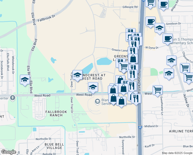 map of restaurants, bars, coffee shops, grocery stores, and more near 10445 Greens Crossing Boulevard in Houston