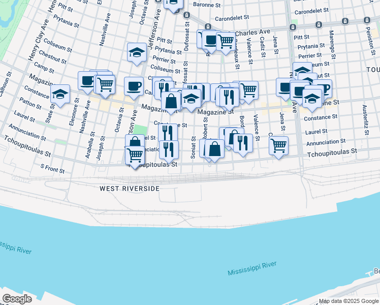 map of restaurants, bars, coffee shops, grocery stores, and more near 5128 Annunciation Street in New Orleans