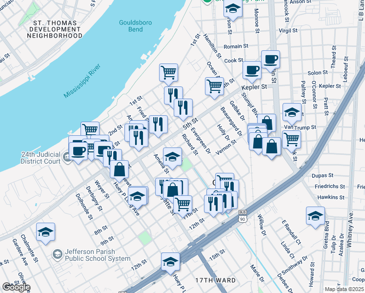 map of restaurants, bars, coffee shops, grocery stores, and more near 615 Richard Street in Gretna