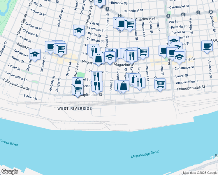 map of restaurants, bars, coffee shops, grocery stores, and more near 5128 Annunciation Street in New Orleans