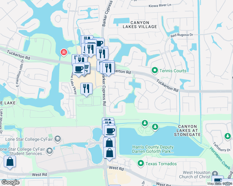 map of restaurants, bars, coffee shops, grocery stores, and more near 17606 Blue Lily Lane in Houston
