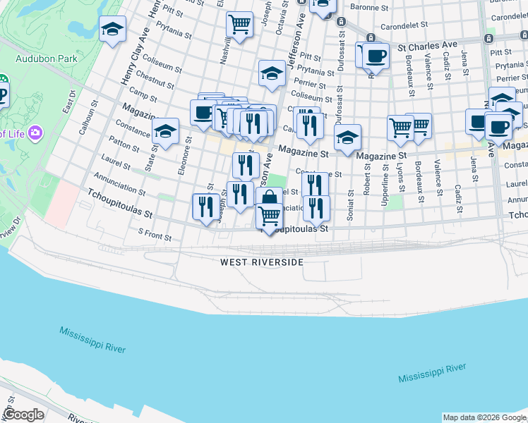 map of restaurants, bars, coffee shops, grocery stores, and more near 5382 Annunciation Street in New Orleans
