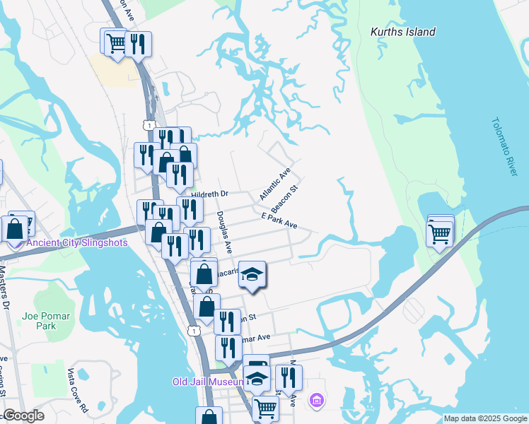map of restaurants, bars, coffee shops, grocery stores, and more near 8 East Park Avenue in St. Augustine