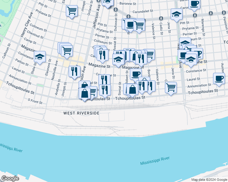 map of restaurants, bars, coffee shops, grocery stores, and more near 5128 Annunciation Street in New Orleans