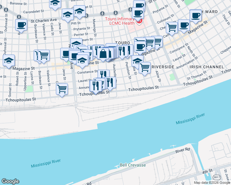 map of restaurants, bars, coffee shops, grocery stores, and more near 3970 Tchoupitoulas Street in New Orleans
