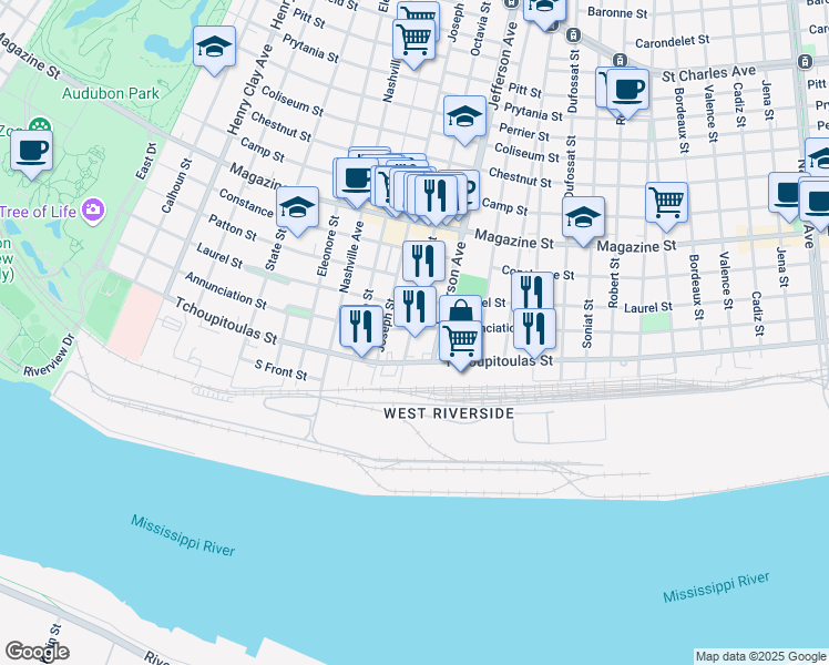 map of restaurants, bars, coffee shops, grocery stores, and more near 341 Octavia Street in New Orleans