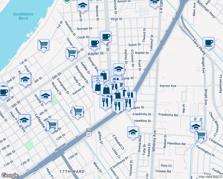 map of restaurants, bars, coffee shops, grocery stores, and more near 2110 Franklin Avenue in Gretna