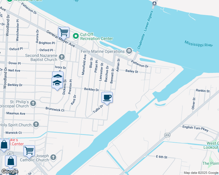 map of restaurants, bars, coffee shops, grocery stores, and more near 3431 Bennett Street in New Orleans