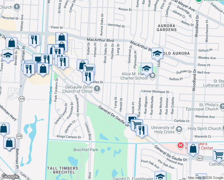 map of restaurants, bars, coffee shops, grocery stores, and more near 3534 Huntlee Drive in New Orleans
