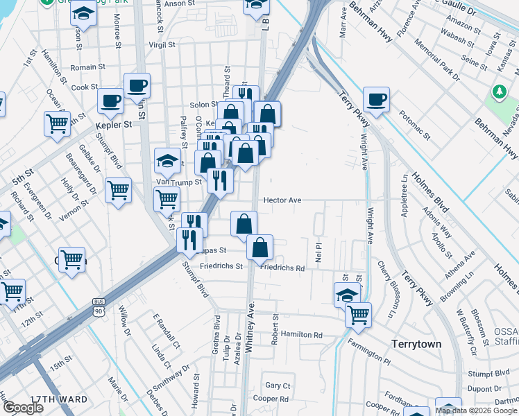 map of restaurants, bars, coffee shops, grocery stores, and more near 501 Whitney Avenue in Terrytown
