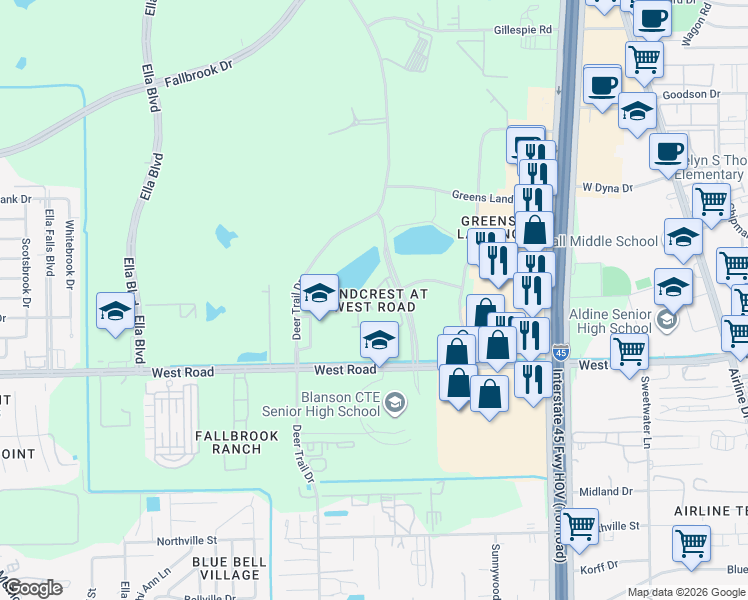 map of restaurants, bars, coffee shops, grocery stores, and more near 10445 Greens Crossing Boulevard in Houston