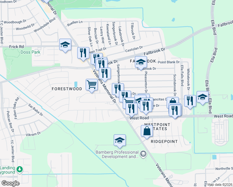 map of restaurants, bars, coffee shops, grocery stores, and more near 1306 Forestburg Drive in Houston
