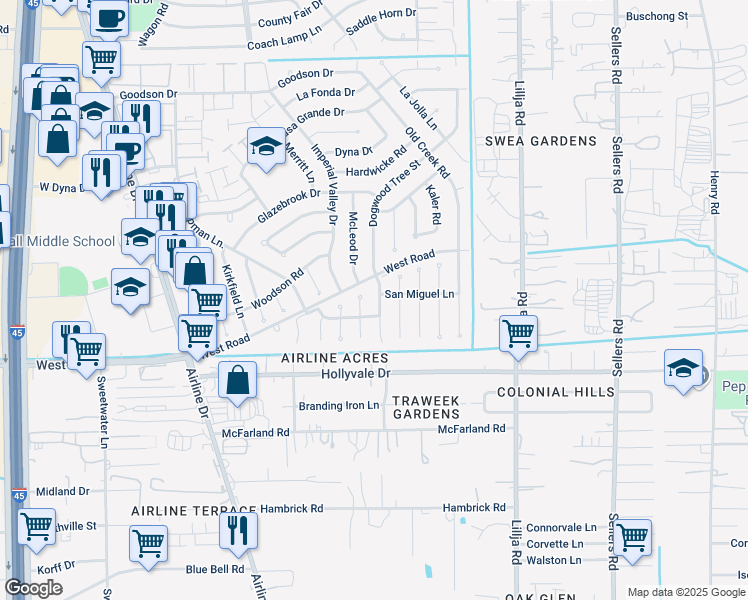 map of restaurants, bars, coffee shops, grocery stores, and more near 14843 Dogwood Tree St in Houston