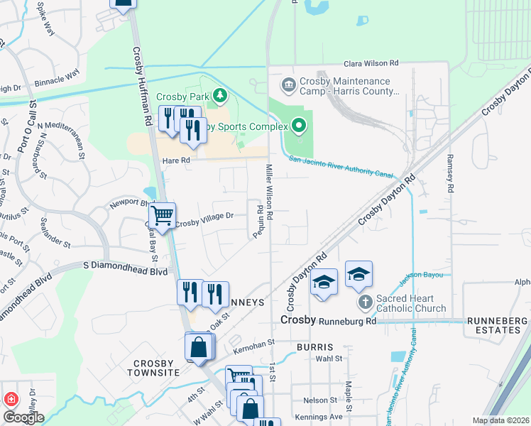 map of restaurants, bars, coffee shops, grocery stores, and more near 706 Pequin Road in Crosby
