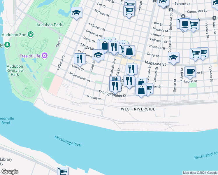 map of restaurants, bars, coffee shops, grocery stores, and more near 331 Nashville Avenue in New Orleans