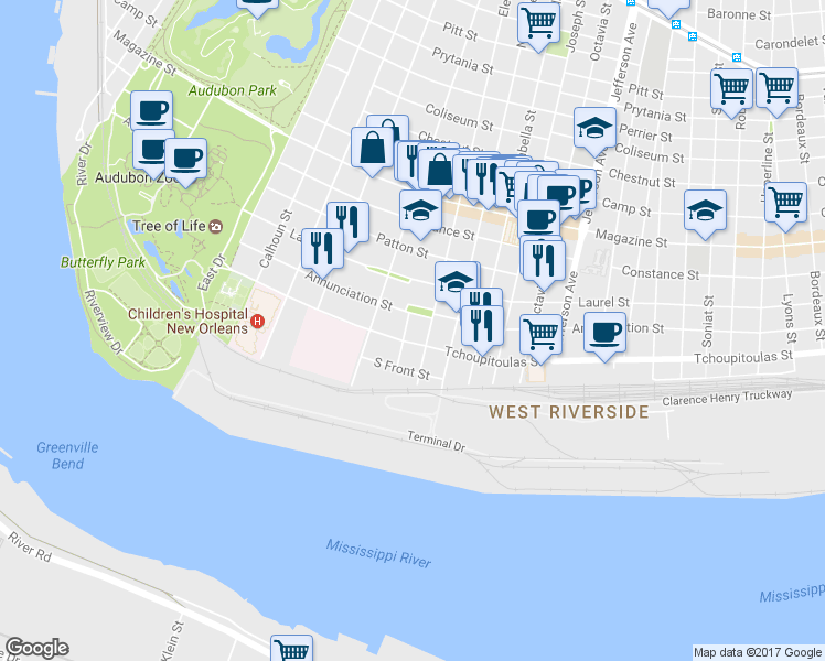 map of restaurants, bars, coffee shops, grocery stores, and more near 315 Alonzo Street in New Orleans