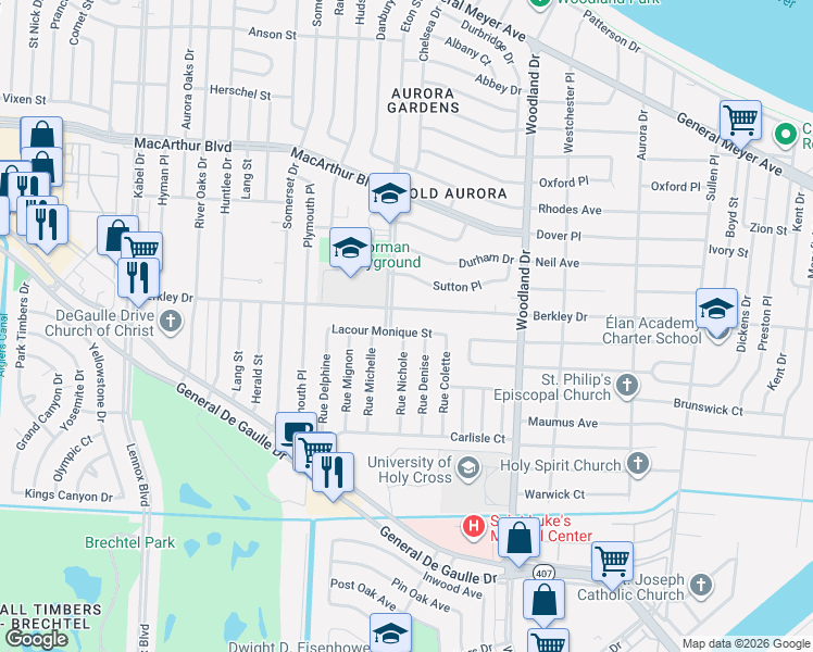 map of restaurants, bars, coffee shops, grocery stores, and more near 5440 Lacour Monique Street in New Orleans