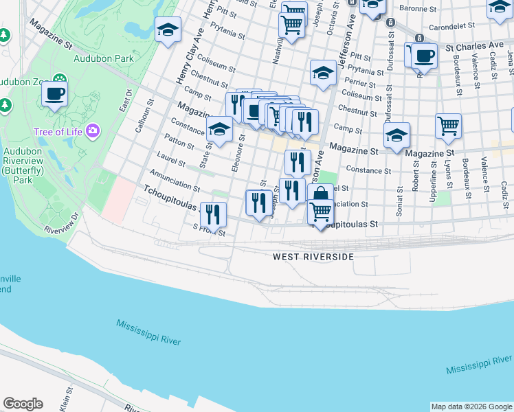 map of restaurants, bars, coffee shops, grocery stores, and more near 5610 Annunciation Street in New Orleans