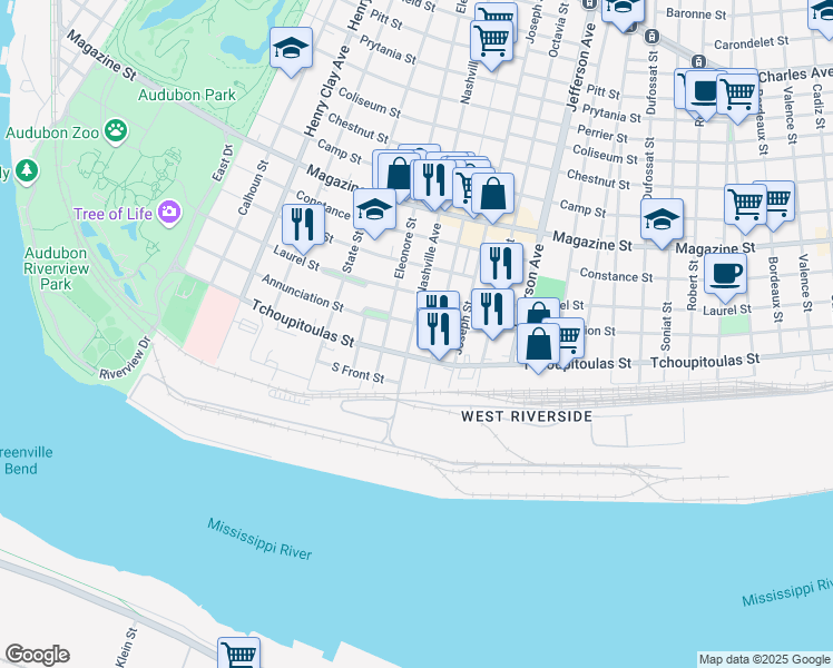 map of restaurants, bars, coffee shops, grocery stores, and more near 331 Nashville Avenue in New Orleans