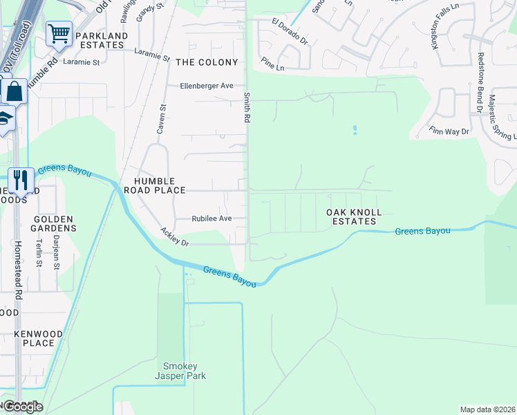 map of restaurants, bars, coffee shops, grocery stores, and more near 13735 Smith Road in Humble