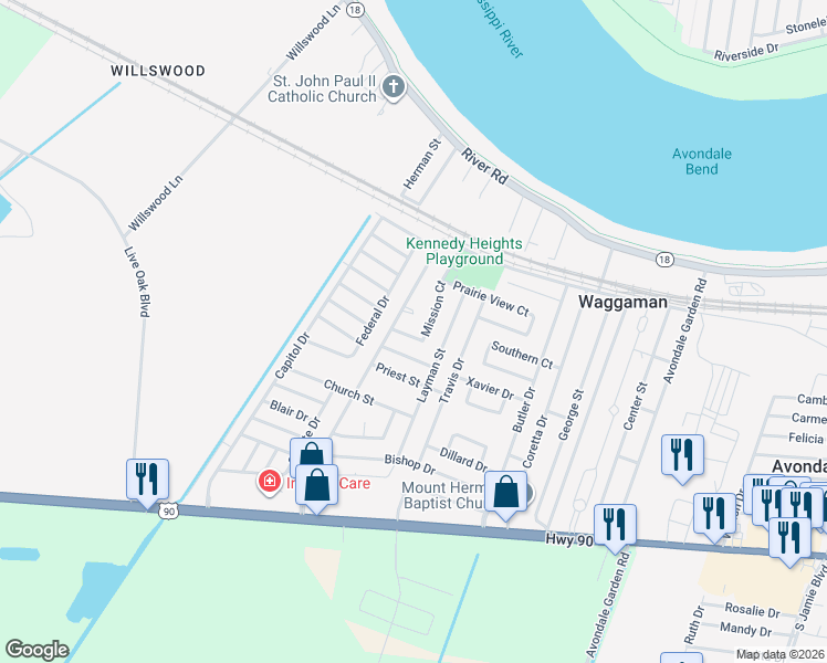 map of restaurants, bars, coffee shops, grocery stores, and more near 207 Mission Court in Westwego