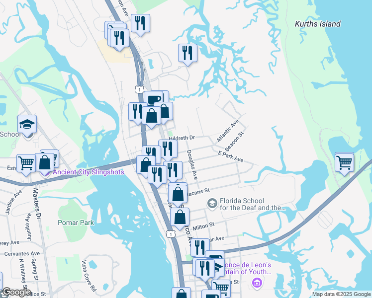 map of restaurants, bars, coffee shops, grocery stores, and more near 14 Park Avenue in St. Augustine