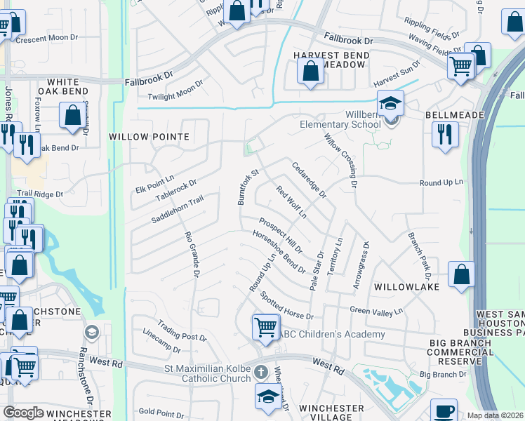 map of restaurants, bars, coffee shops, grocery stores, and more near 10143 Wayward Wind Lane in Houston