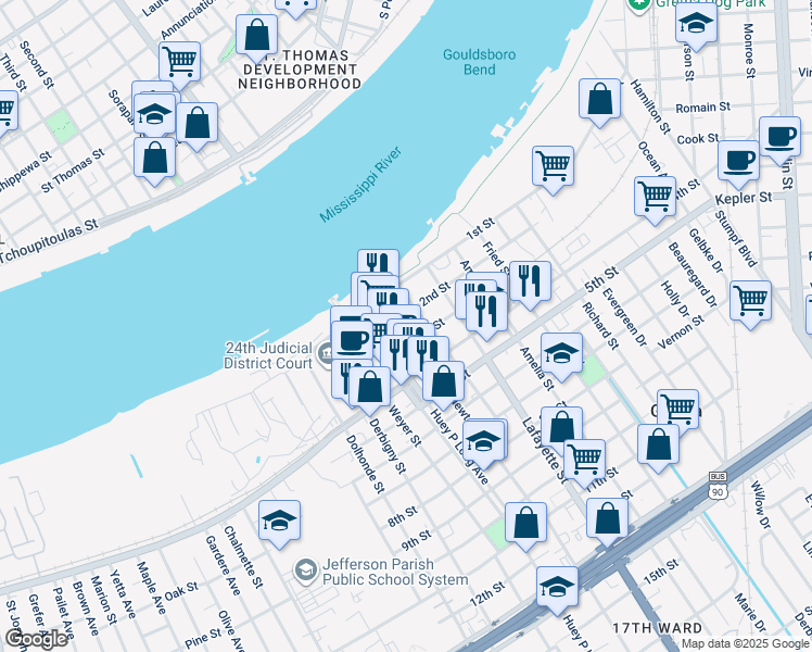 map of restaurants, bars, coffee shops, grocery stores, and more near 211 Newton Street in Gretna
