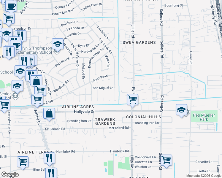 map of restaurants, bars, coffee shops, grocery stores, and more near 14842 Kaler Road in Houston