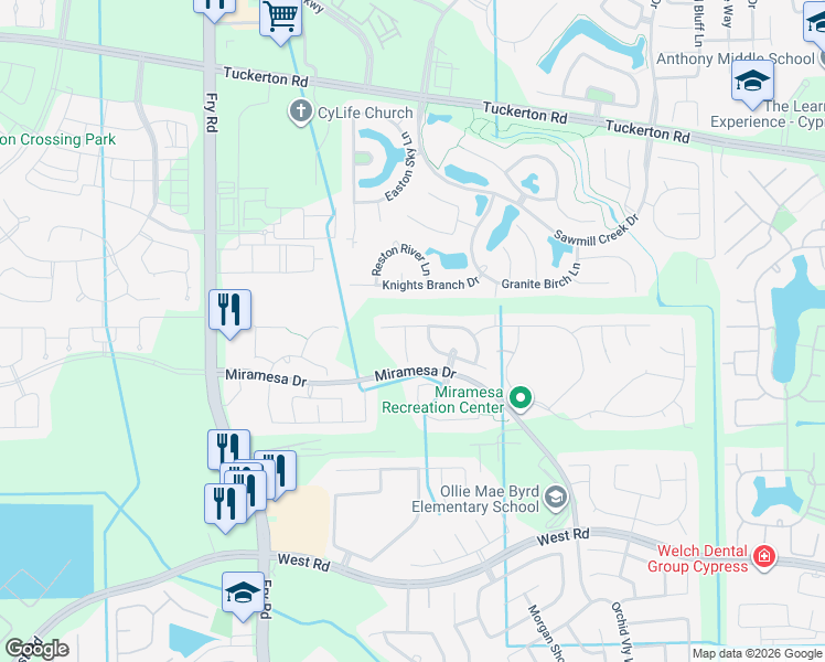 map of restaurants, bars, coffee shops, grocery stores, and more near 9531 Bahama Cove Lane in Cypress