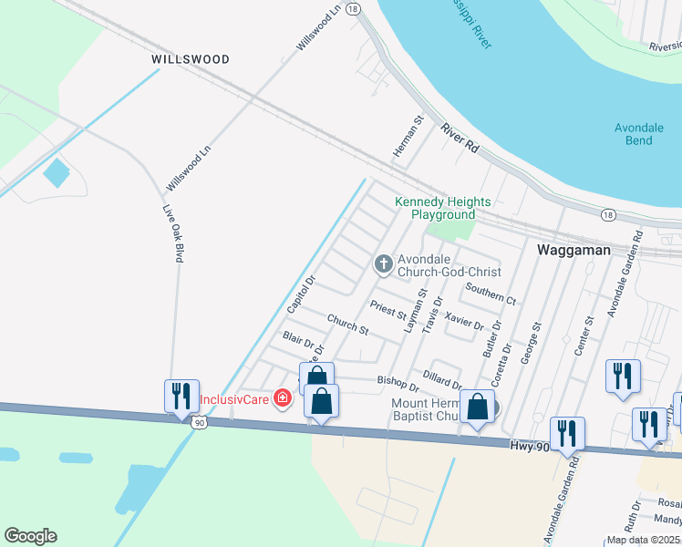 map of restaurants, bars, coffee shops, grocery stores, and more near 316 Georgetown Drive in Westwego