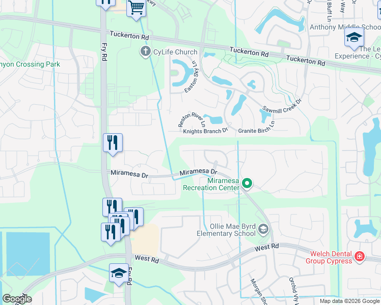 map of restaurants, bars, coffee shops, grocery stores, and more near 9531 Bahama Cove Lane in Cypress