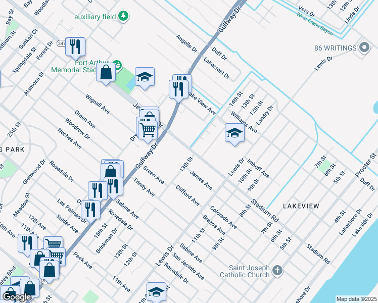 map of restaurants, bars, coffee shops, grocery stores, and more near 1403 Jefferson Drive in Port Arthur