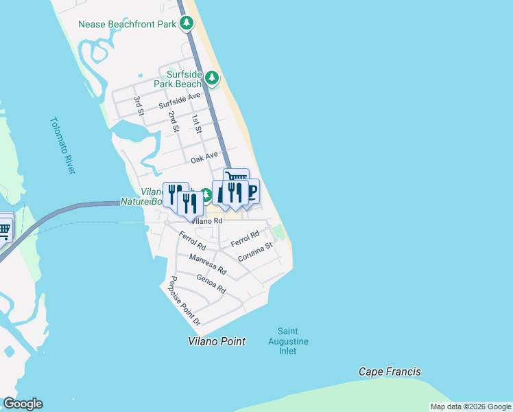 map of restaurants, bars, coffee shops, grocery stores, and more near 2806 Coastal Highway in St. Augustine