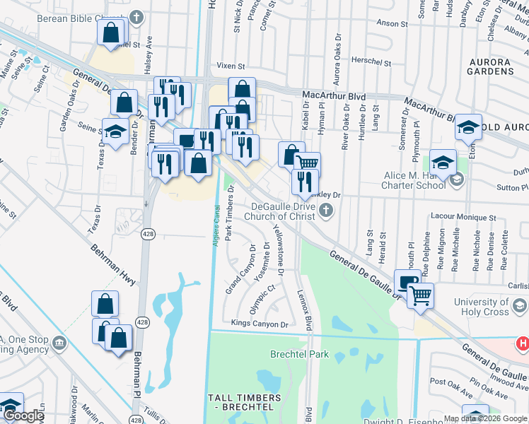 map of restaurants, bars, coffee shops, grocery stores, and more near 18 Yellowstone Drive in New Orleans