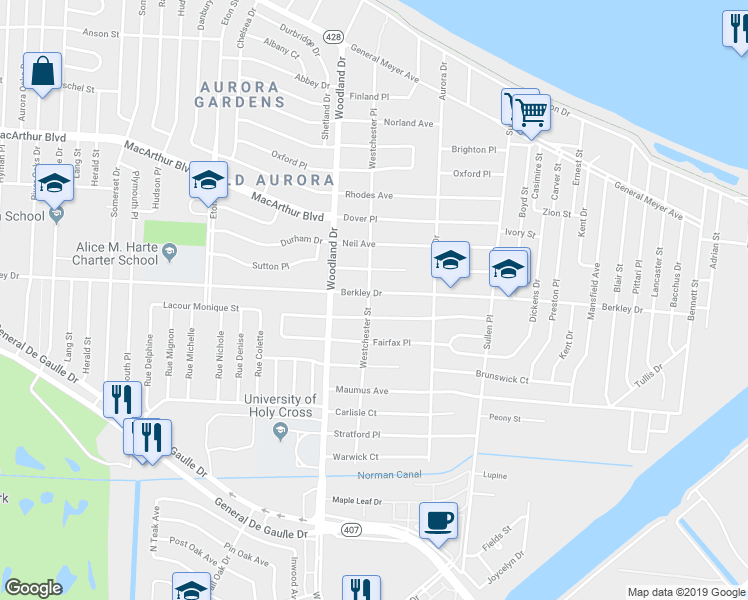 map of restaurants, bars, coffee shops, grocery stores, and more near 201 Berkley Drive in New Orleans