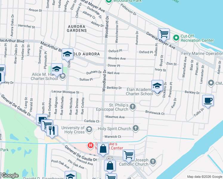 map of restaurants, bars, coffee shops, grocery stores, and more near 201 Berkley Drive in New Orleans