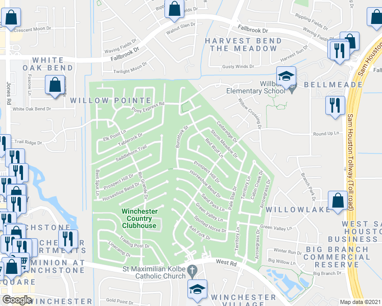 map of restaurants, bars, coffee shops, grocery stores, and more near 10143 Wayward Wind Lane in Houston
