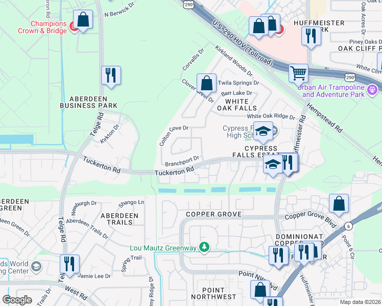 map of restaurants, bars, coffee shops, grocery stores, and more near 21307 Drifting Oaks Drive in Houston